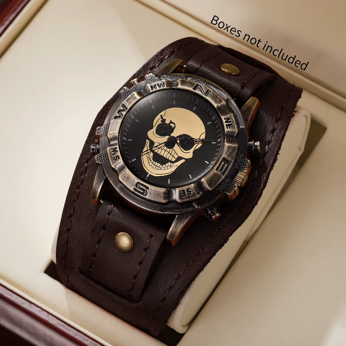 Montre pour homme avec cadran tête de mort rétro, style gothique punk, bracelet en cuir marron, mont