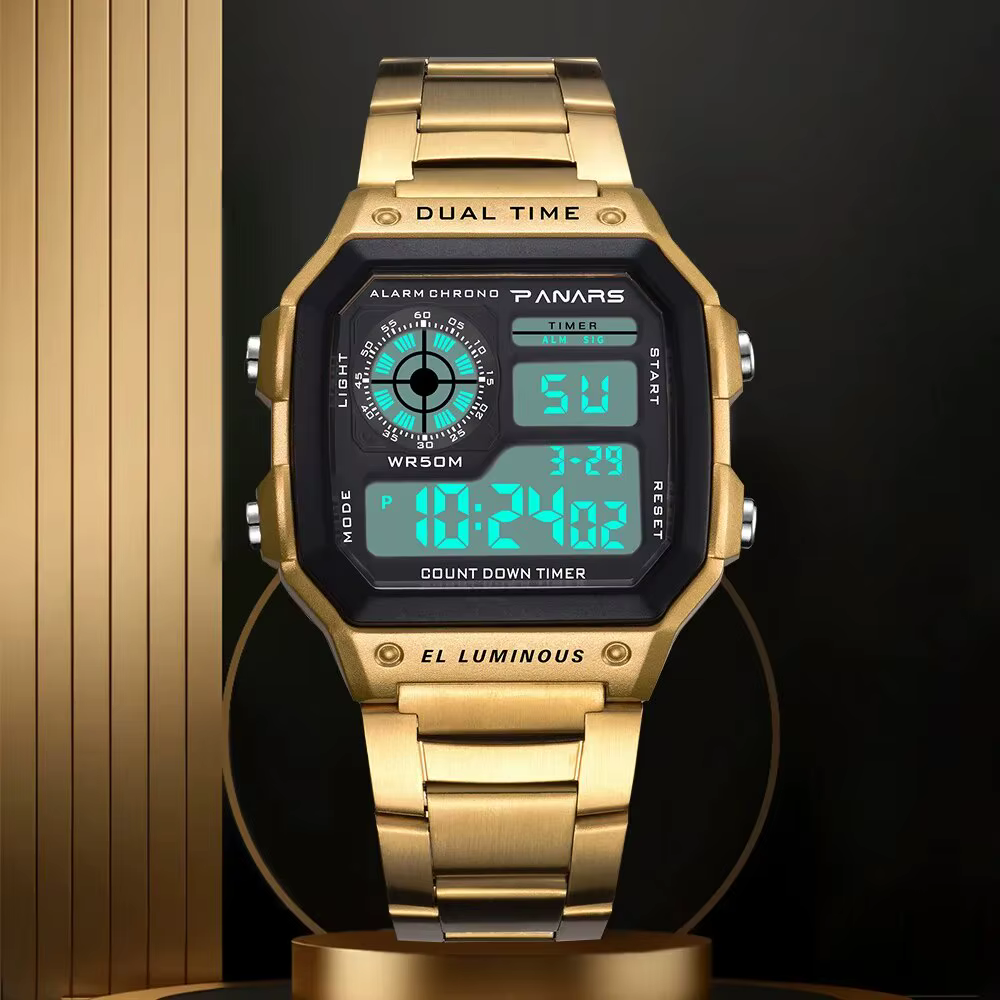 PANARS-Montre-bracelet de sport numérique étanche pour homme, bracelet en acier inoxydable, rétro-éc