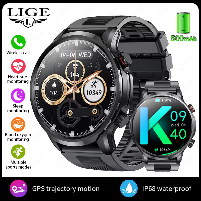 LIGE-Montre connectée de sport pour homme, avec suivi GPS, grand écran Ultra HD de 1.95 pouces, batt