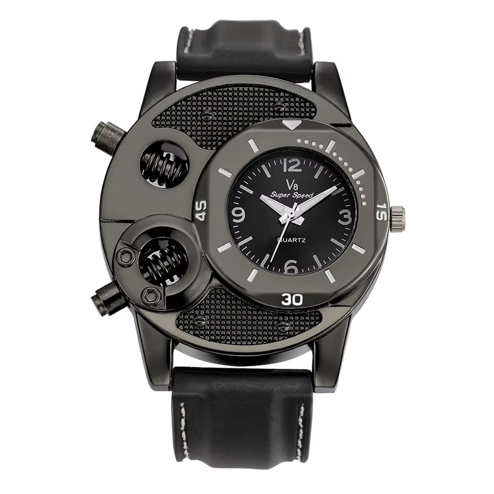 Montre V8 de Sport pour Homme, bracelet en caoutchouc noir, à Quartz