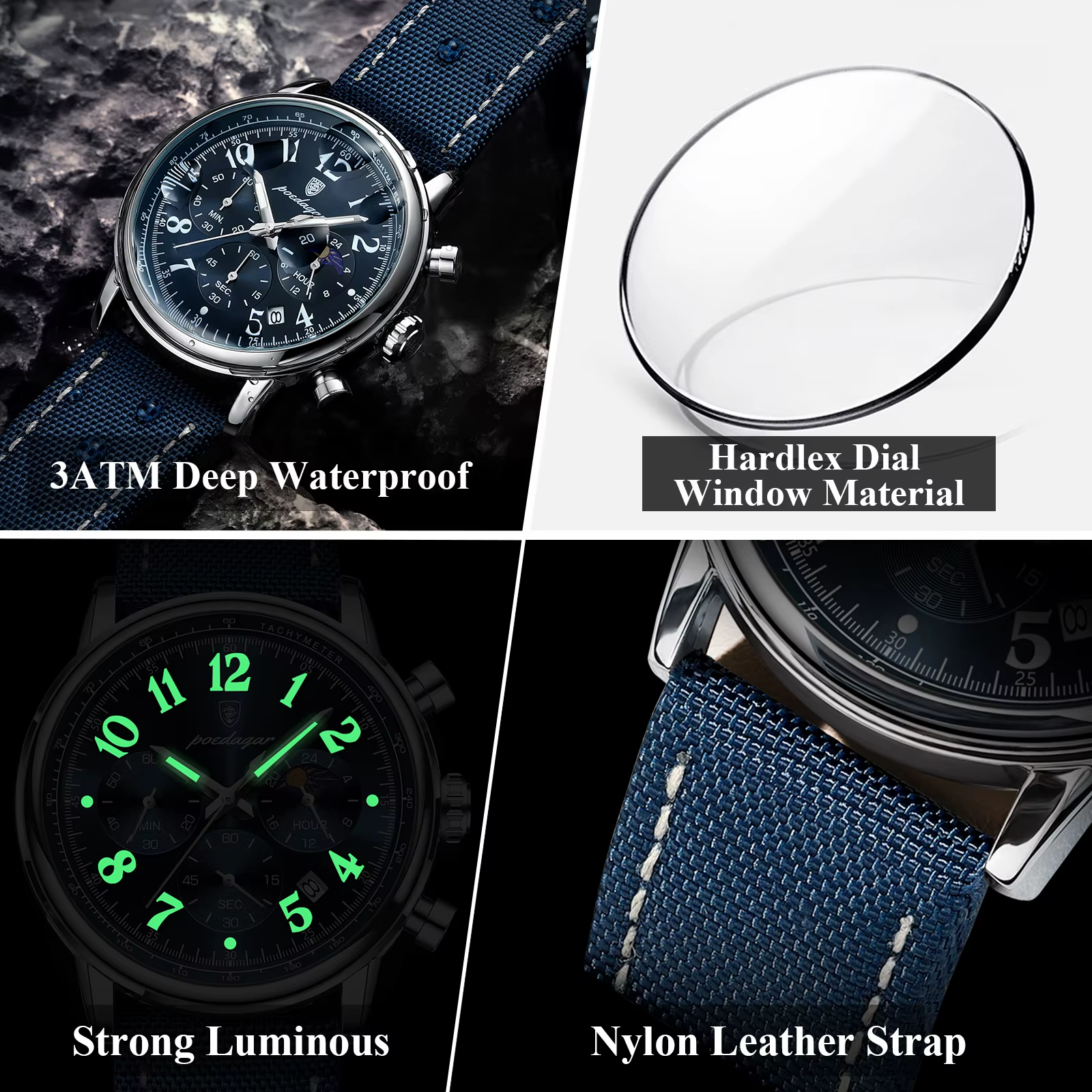 POEDAGAR luxe sport militaire hommes montre étanche lumineux chronographe Nylon cuir Date homme mont