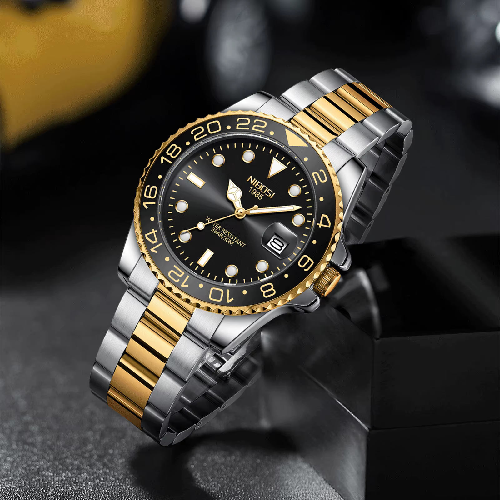 NIBOSI or noir montre hommes Top marque de luxe Quartz hommes montres étanche lumineux en acier inox