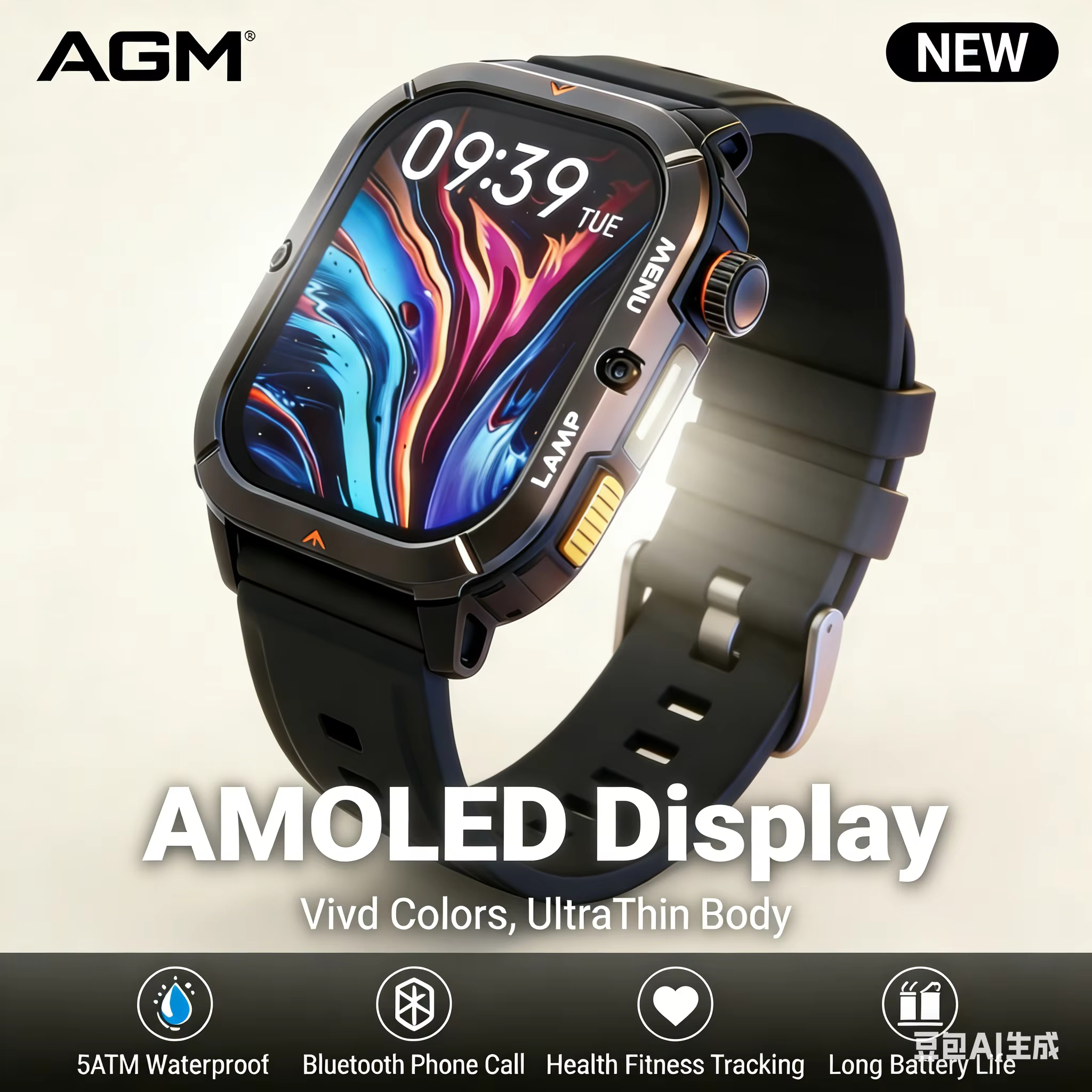 Montre connectée AGM Watch Legion 3 W3 IP68 5ATM étanche, écran AMOLED 1,952 pouces, moniteur de fré