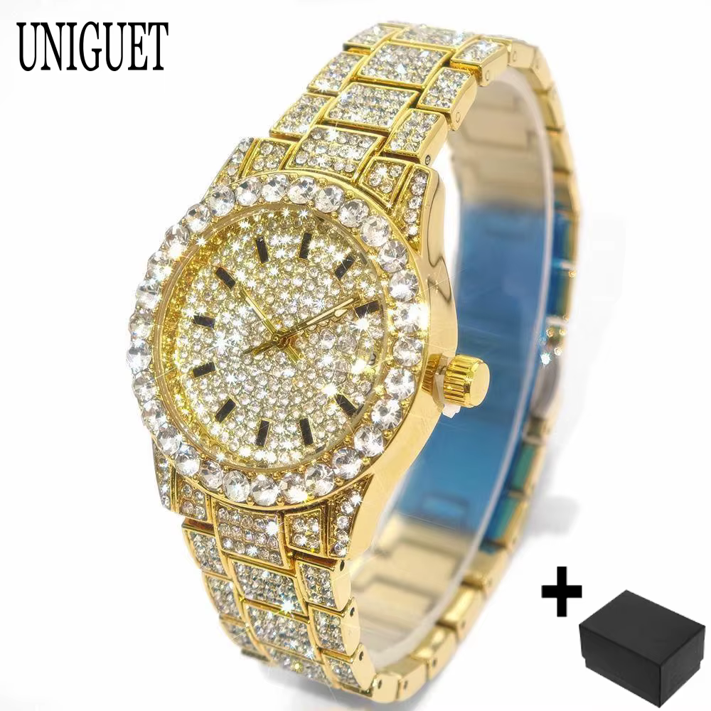 2025 mode chaude montres en or femmes de luxe en acier inoxydable élégant diamant glacé bijoux Quart