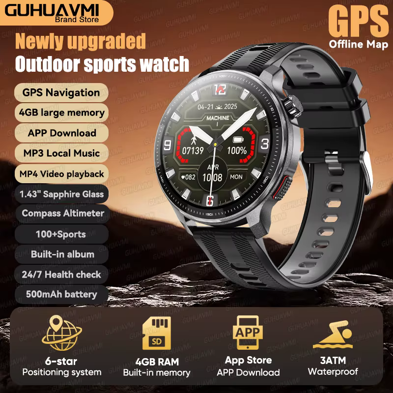 Montre connectée avec carte hors ligne 2026, GPS intégré, positionnement précis, mémoire 4 Go, bouss
