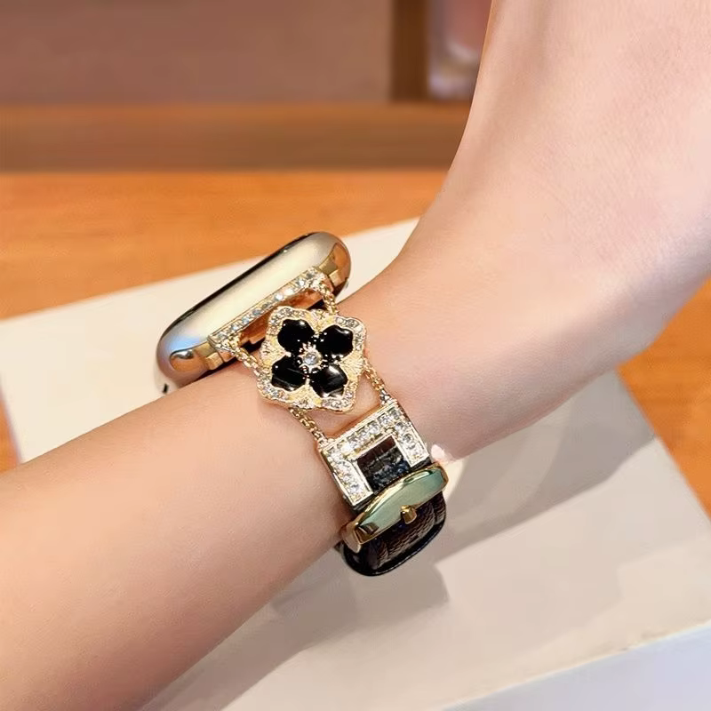 Feeling d'or cinq fleurs en cuir véritable compatible avec le bracelet iWatch 38mm 40mm 41mm 42mm 44