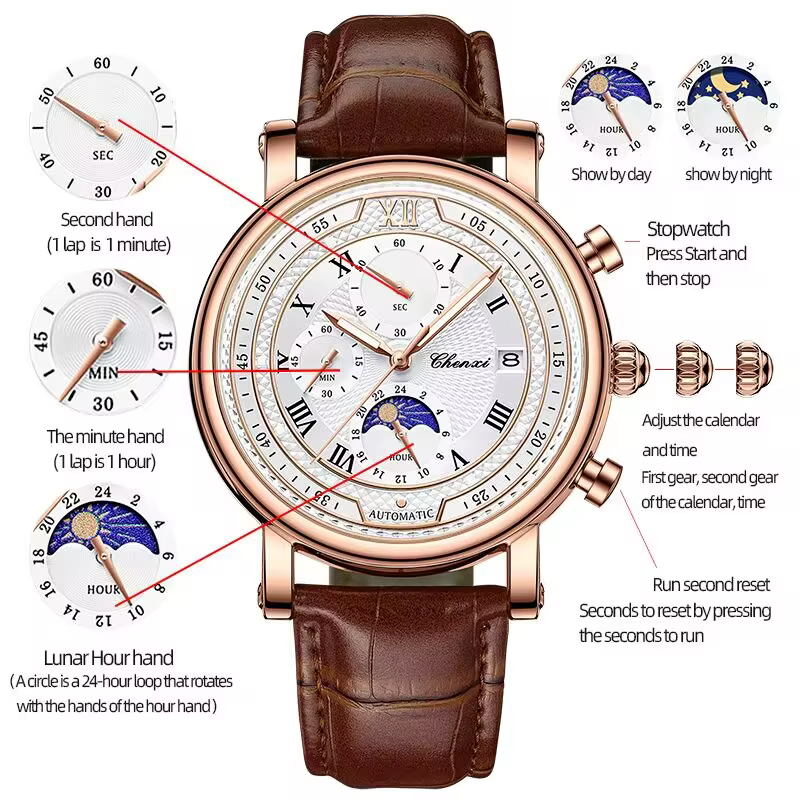 Chenxi 976 cuir chronographe Date hommes Phase de la lune chronométrage affaires lumineux montre à Q