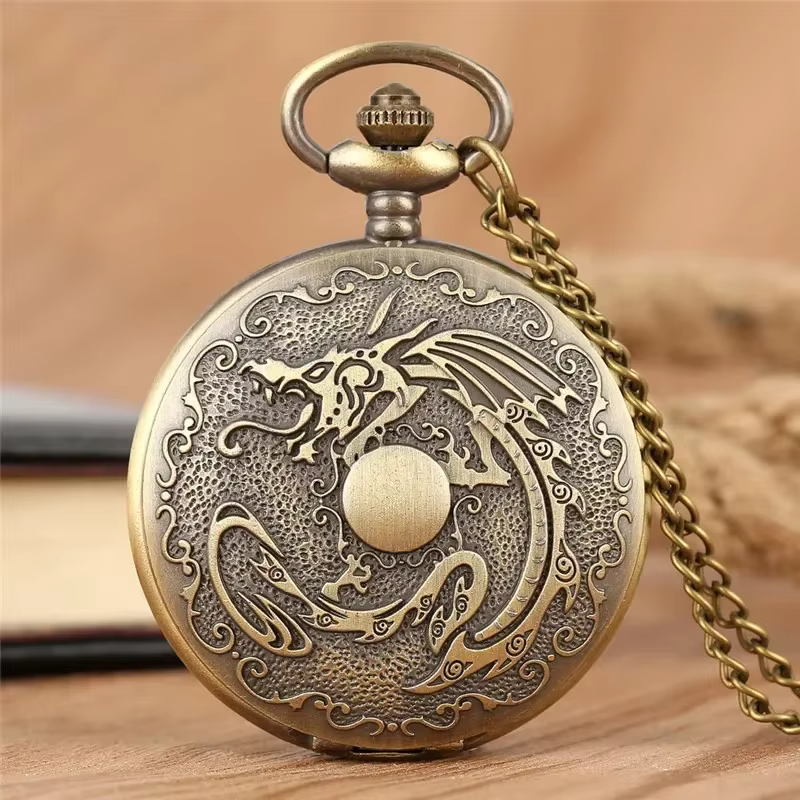 Montre de poche Dragon gravée Vintage, chiffres arabes, collier à Quartz, pendentif chaîne, montre a