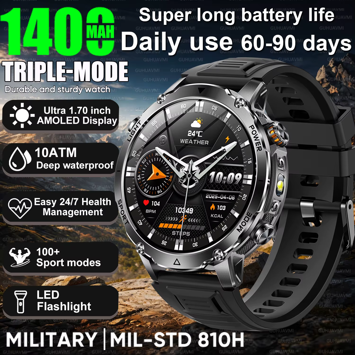 Montre connectée militaire TANK 2026, appels Bluetooth, étanche 10ATM, batterie 1400mAh, surveillanc