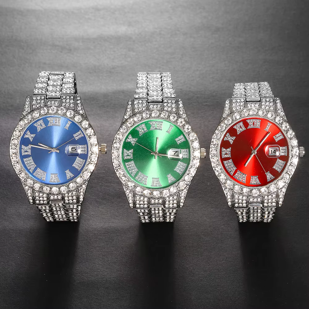 Ensemble de montres en argent pour hommes, 3 pièces, Hip-hop Punk incrusté de diamants + chaîne cuba