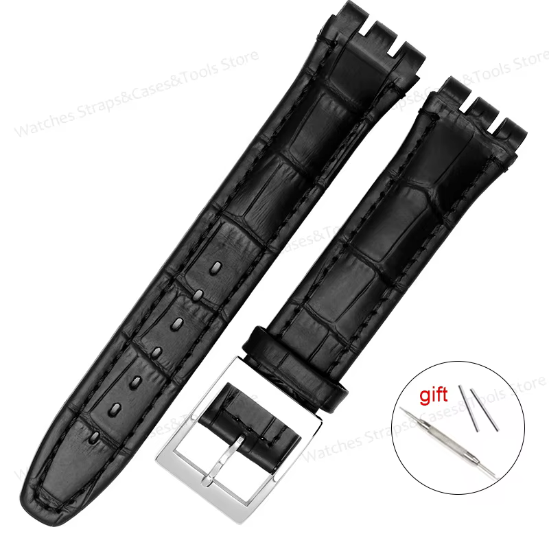 Bracelet de montre en cuir véritable pour Swatch, cuir de vachette et bambou, fermoir en métal étanc