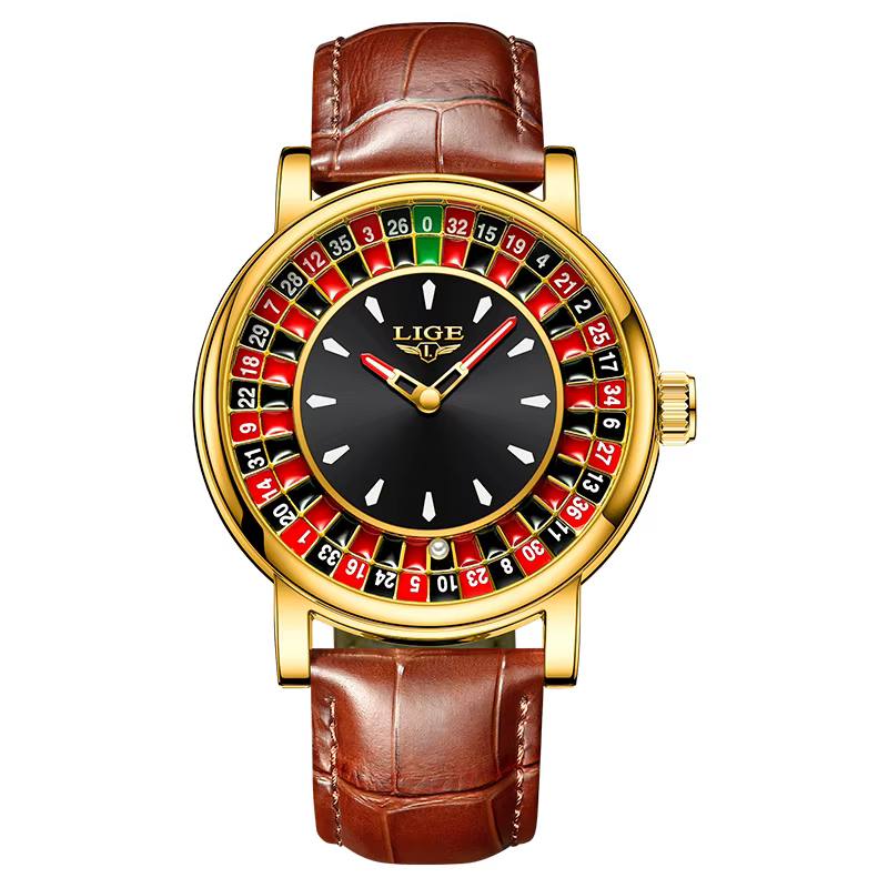 Montre Homme LIGE Tendance en Cuir Marron avec Cadran Rotatif Thème Roulette de Las Vegas, Montre de