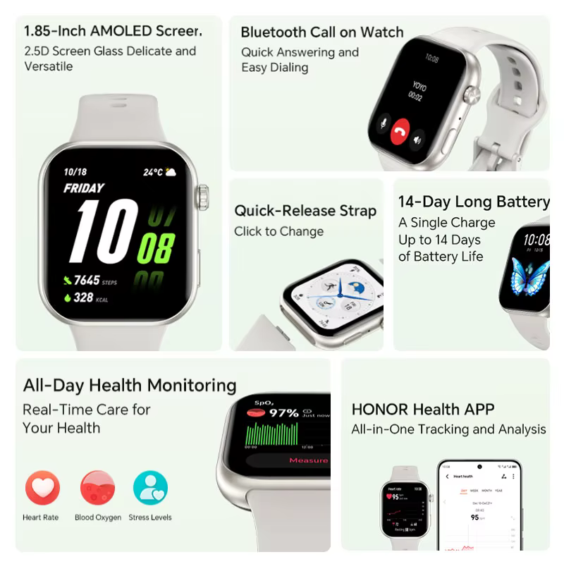 Montre connectée HONOR CHOICE InFoWear Watch 2i, version mondiale, écran AMOLED de 1,85 pouces, surv