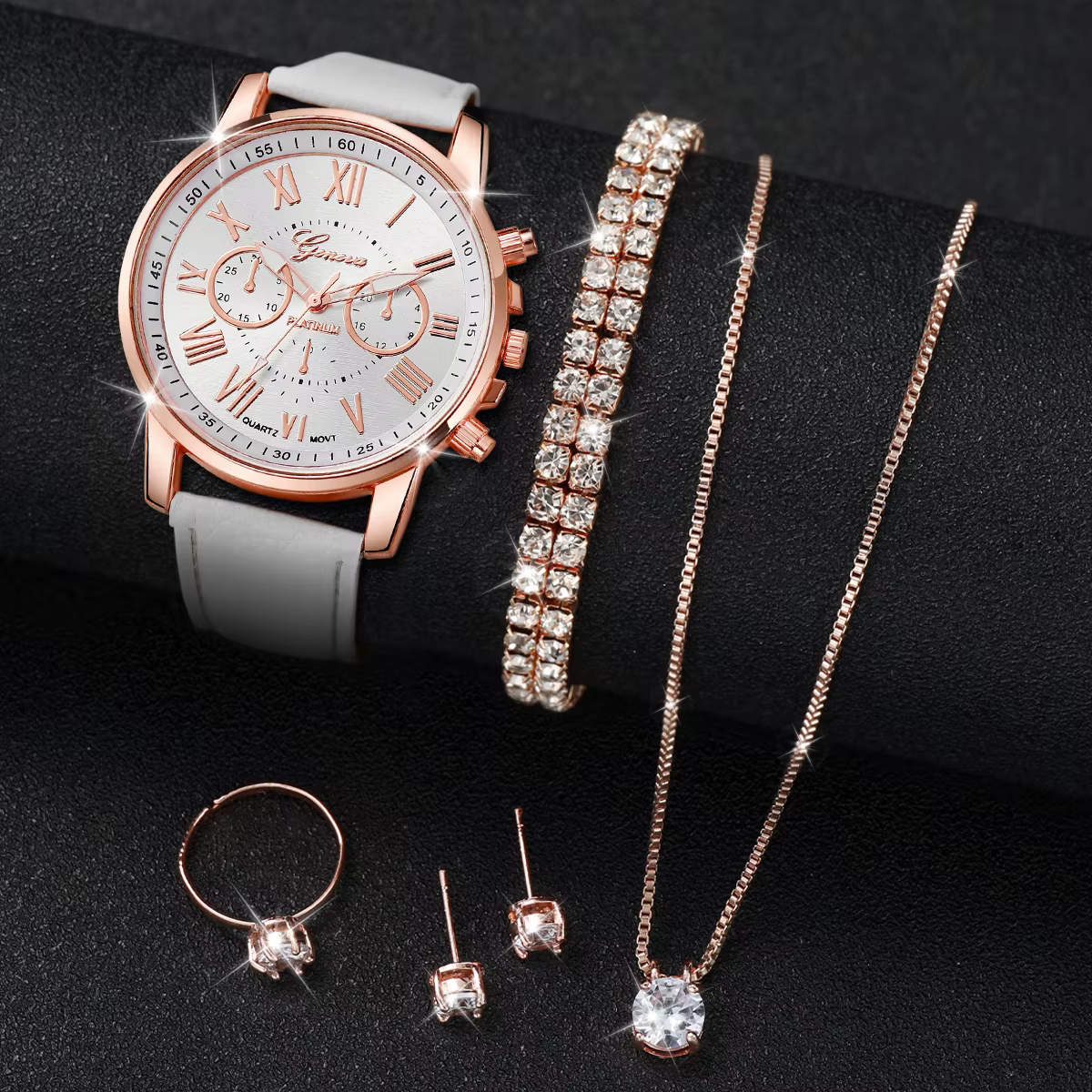 6 pièces/ensemble genève femmes montres bracelet en cuir décontracté montre-bracelet à Quartz diaman