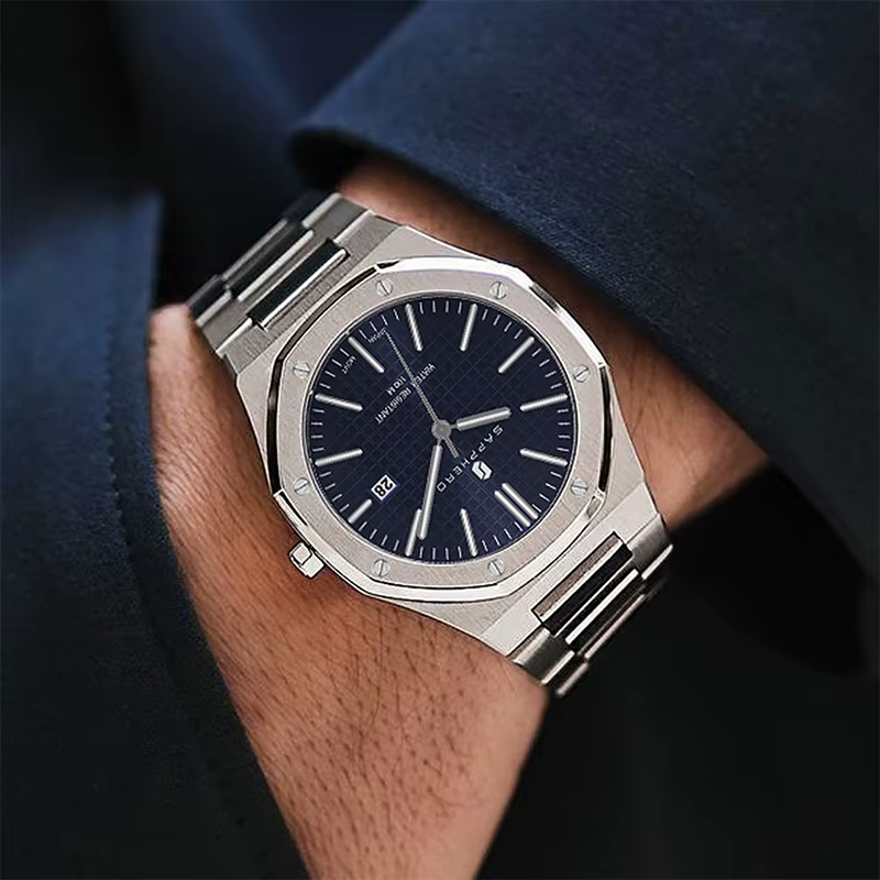SAPPHERO montre pour hommes, bracelet en acier inoxydable, conception résistante à l'eau, calendrier