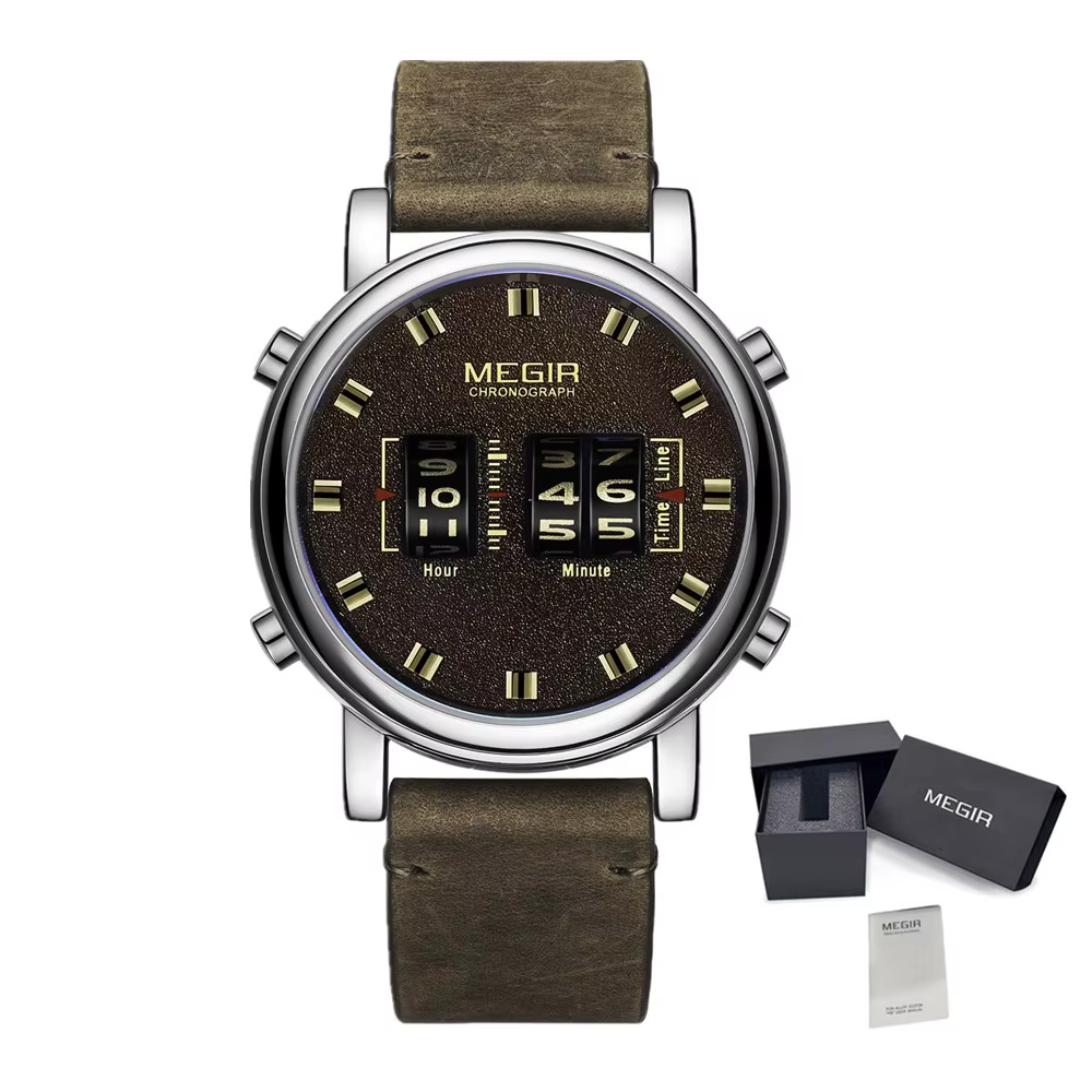 MEGIR marque de luxe hommes Sport montres décontractées bracelet en cuir numérique rouleau pointeur 