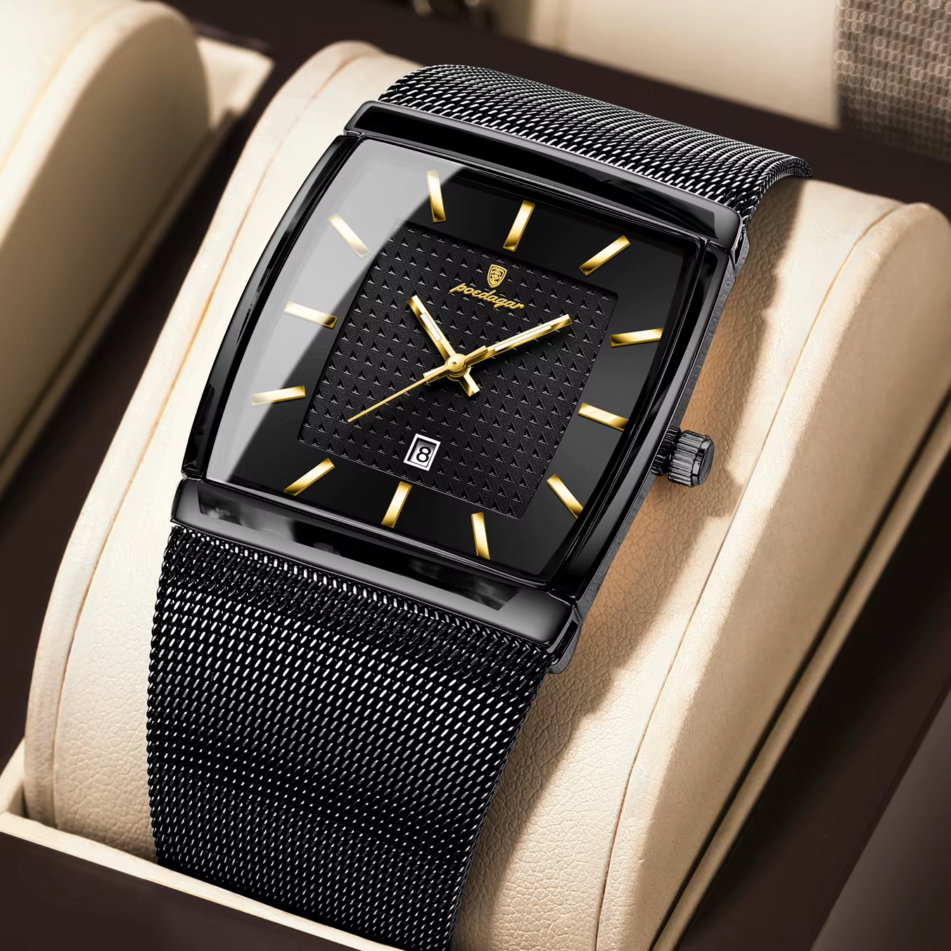 POEDAGAR Top luxe hommes montre-bracelet étanche lumineux en acier inoxydable maille Date homme mont