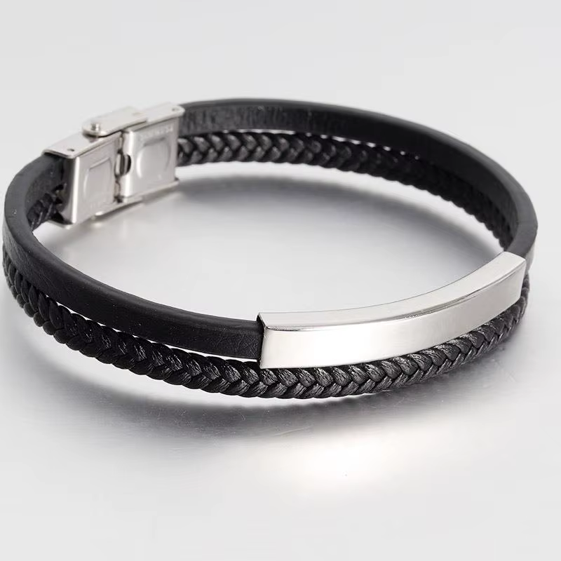 Bracelet multicouche en cuir pour hommes, Bracelet de luxe en acier inoxydable, tissé à la main, à p