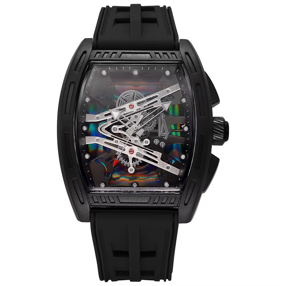 Montre Homme Tonneau Squelette Lumineuse Quartz Cadran Iridescent Bracelet Silicone Sport