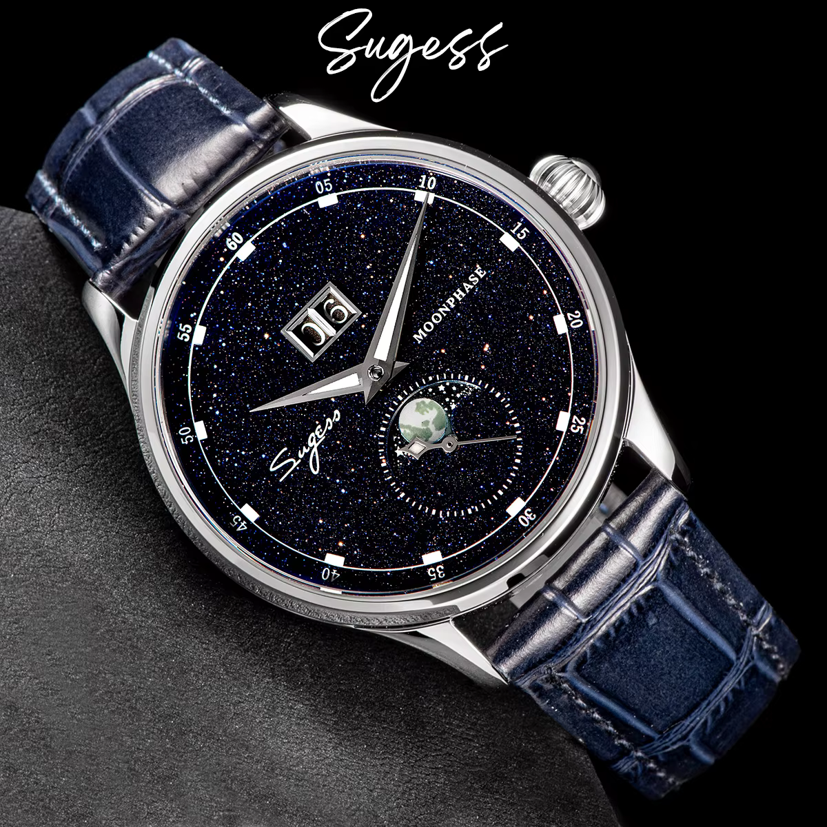 Sugess montre pour hommes édition limitée phase de lune boîtier en acier inoxydable 316L Tianjin ST2
