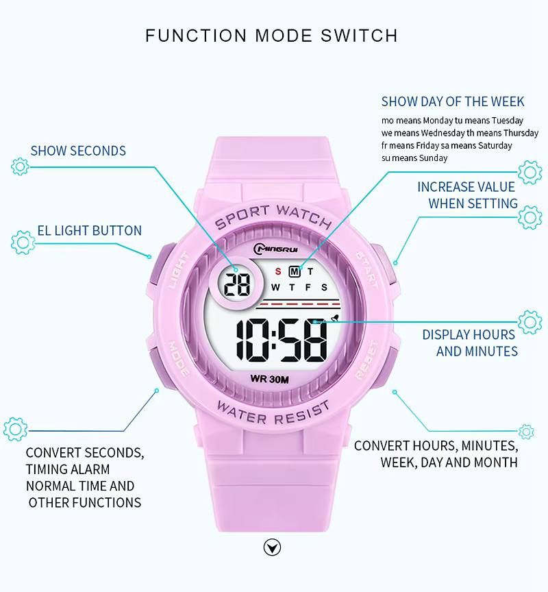 OHSEN enfants Sport montres 30M étanche rose Silicone électronique montre-bracelet chronomètre enfan