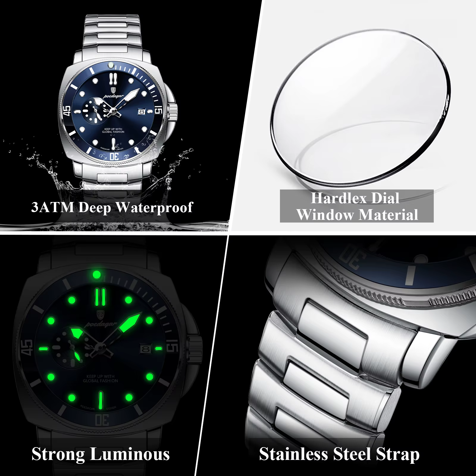 POEDAGAR haut à la mode montre de luxe pour hommes étanche lumineux Date montres pour hommes en acie