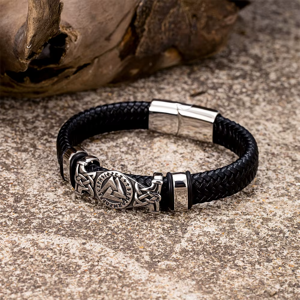 Bracelet en cuir véritable pour hommes, Rune nordique, cœur de Hrungnir, en acier inoxydable, nœud c