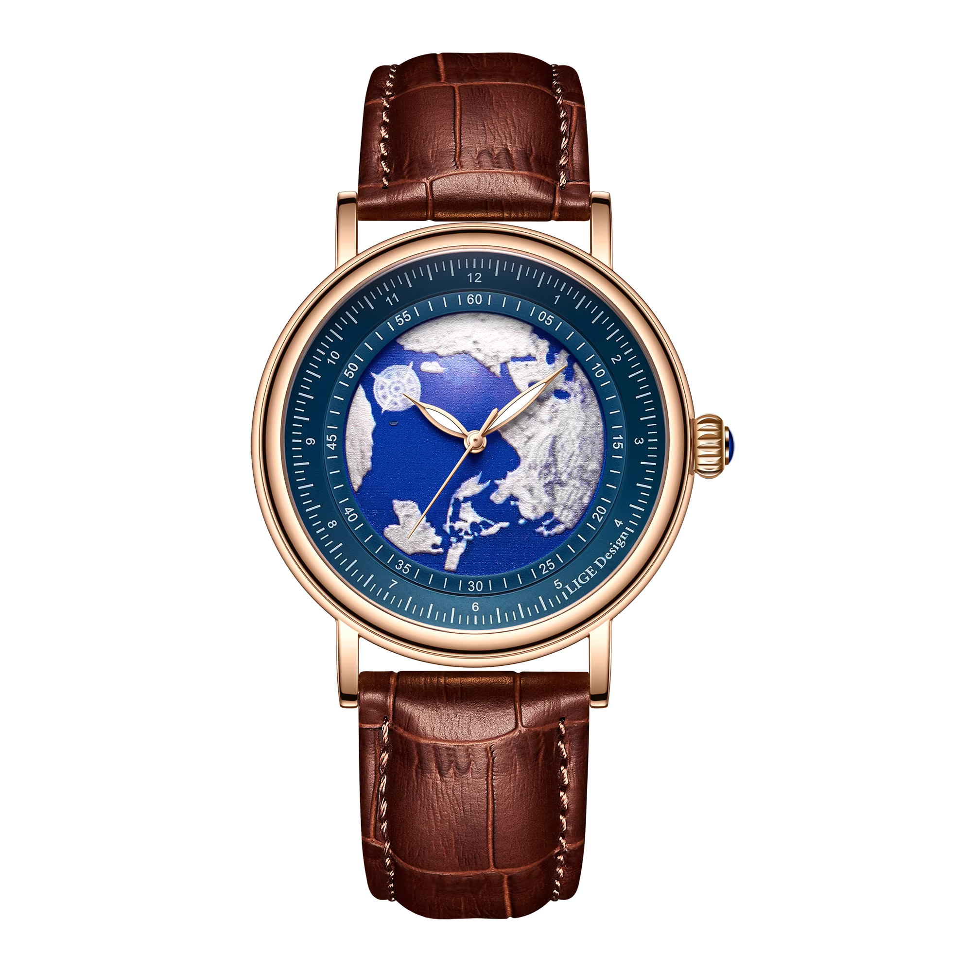 Montre-bracelet créative LIGE pour homme, planète bleue Terre, montre à quartz en cuir pour hommes,