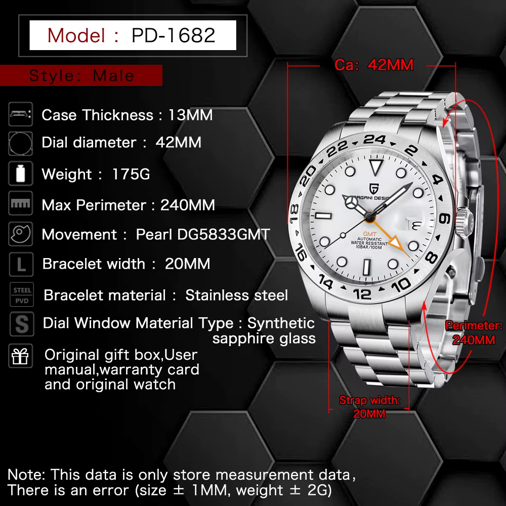 Montre pour homme PAGANI DESIGN Vintage 42MM GMT PD1682, montre mécanique automatique, saphir, acier