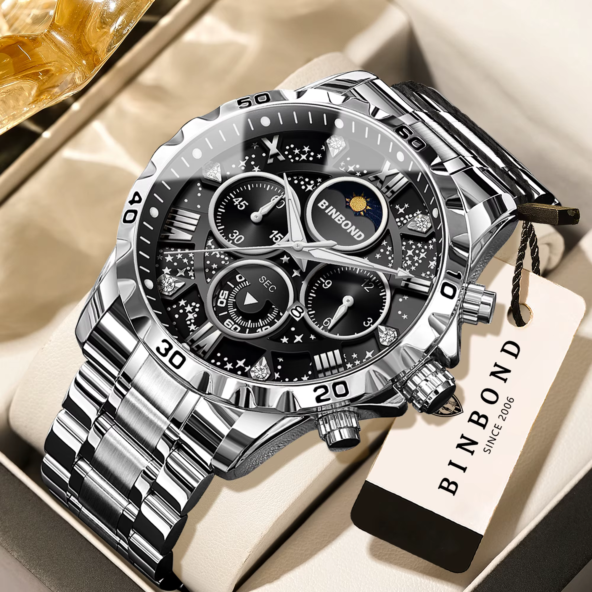 Montres à quartz de marque originale BINBOND pour hommes, montre chronographe de luxe en acier inoxy