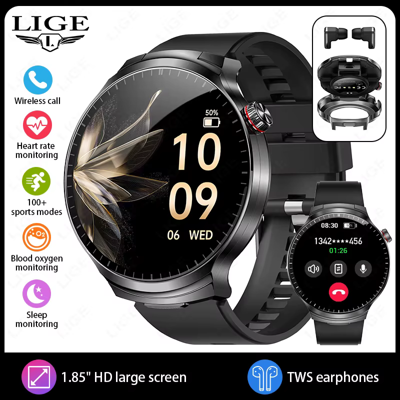 LIGE TWS 2 en 1 casque montre intelligente 1.85 "HD sans fil Bluetooth appel moniteur de santé sport
