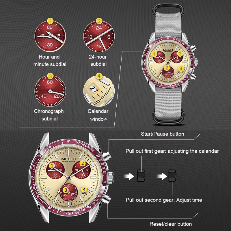 MEGIR nouvelles montres de luxe pour hommes toile tissage bracelet Sport automatique chronographe Qu