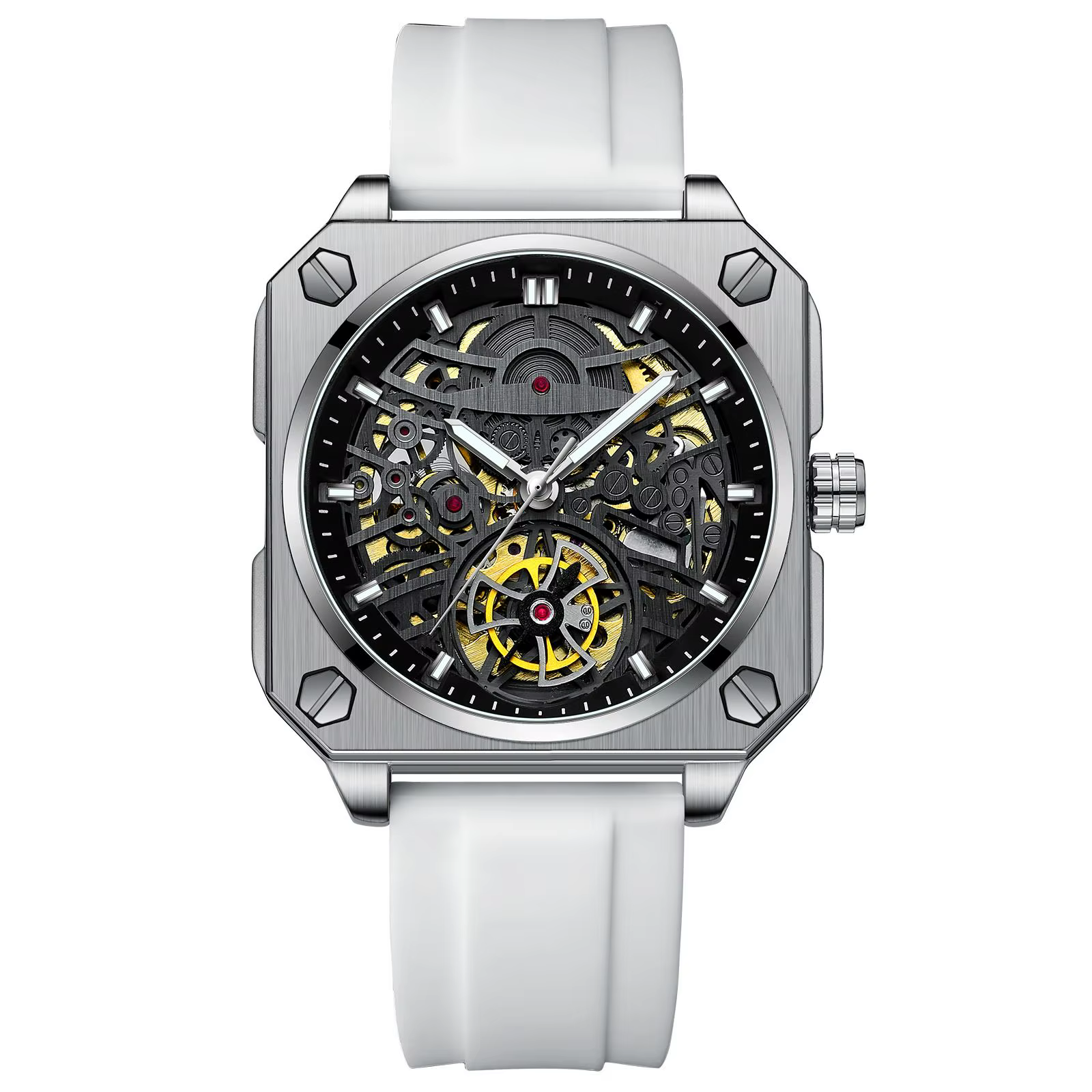Montre haut de gamme pour hommes, montre mécanique squelette, bracelet carré de luxe en acier inoxyd