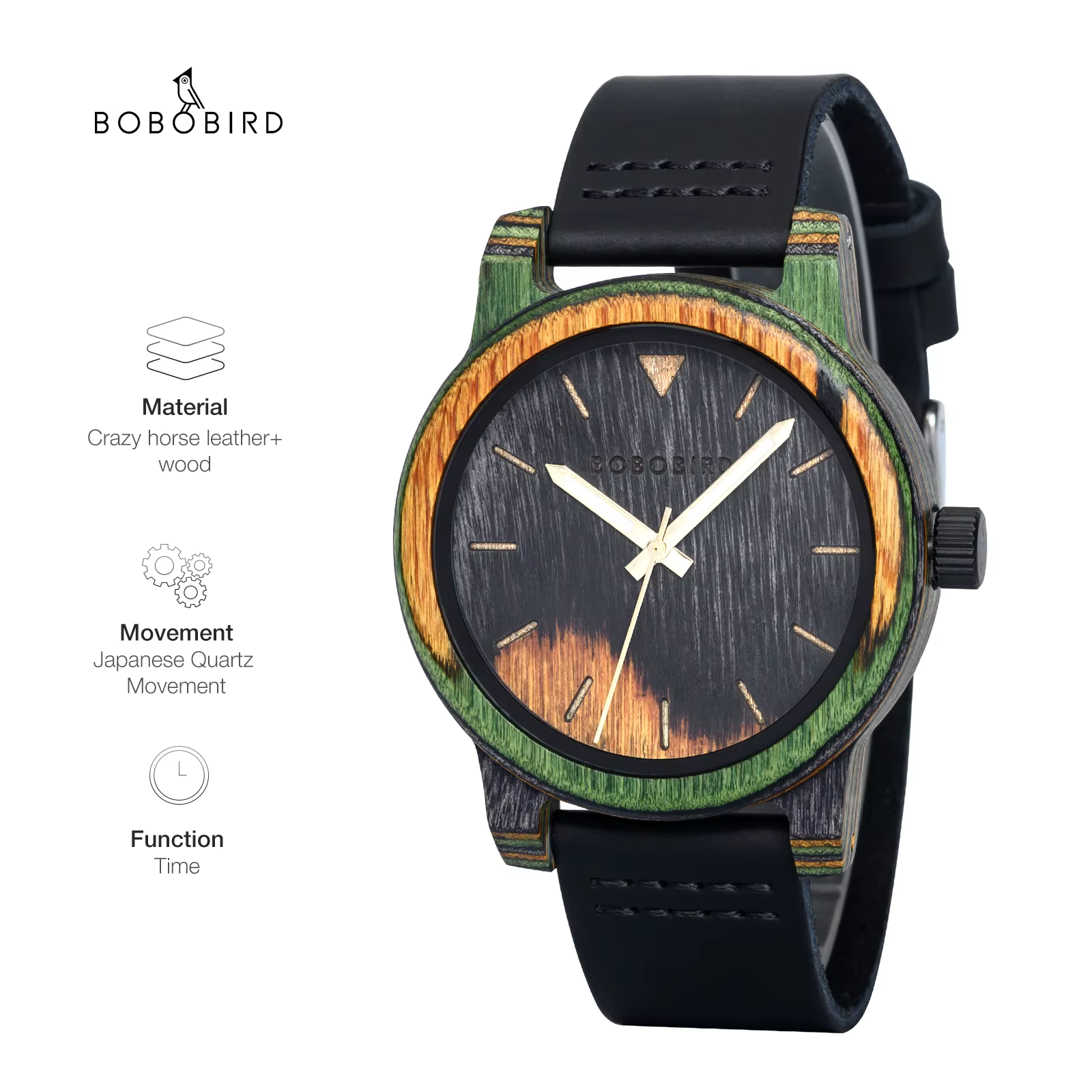 BOBOBIRD montre en bois montre-bracelet pour homme mouvement à Quartz japonais Crazy Horse cuir mode