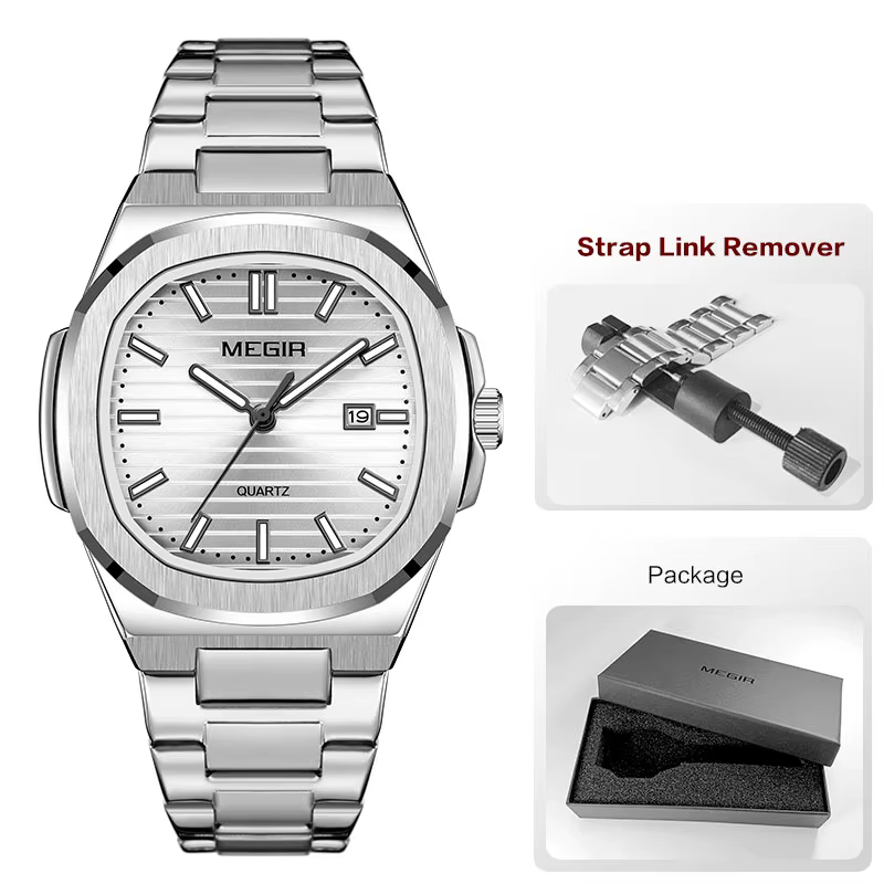 MEGIR montre habillée classique pour hommes avec bracelet en acier inoxydable doré cadran vert ovale
