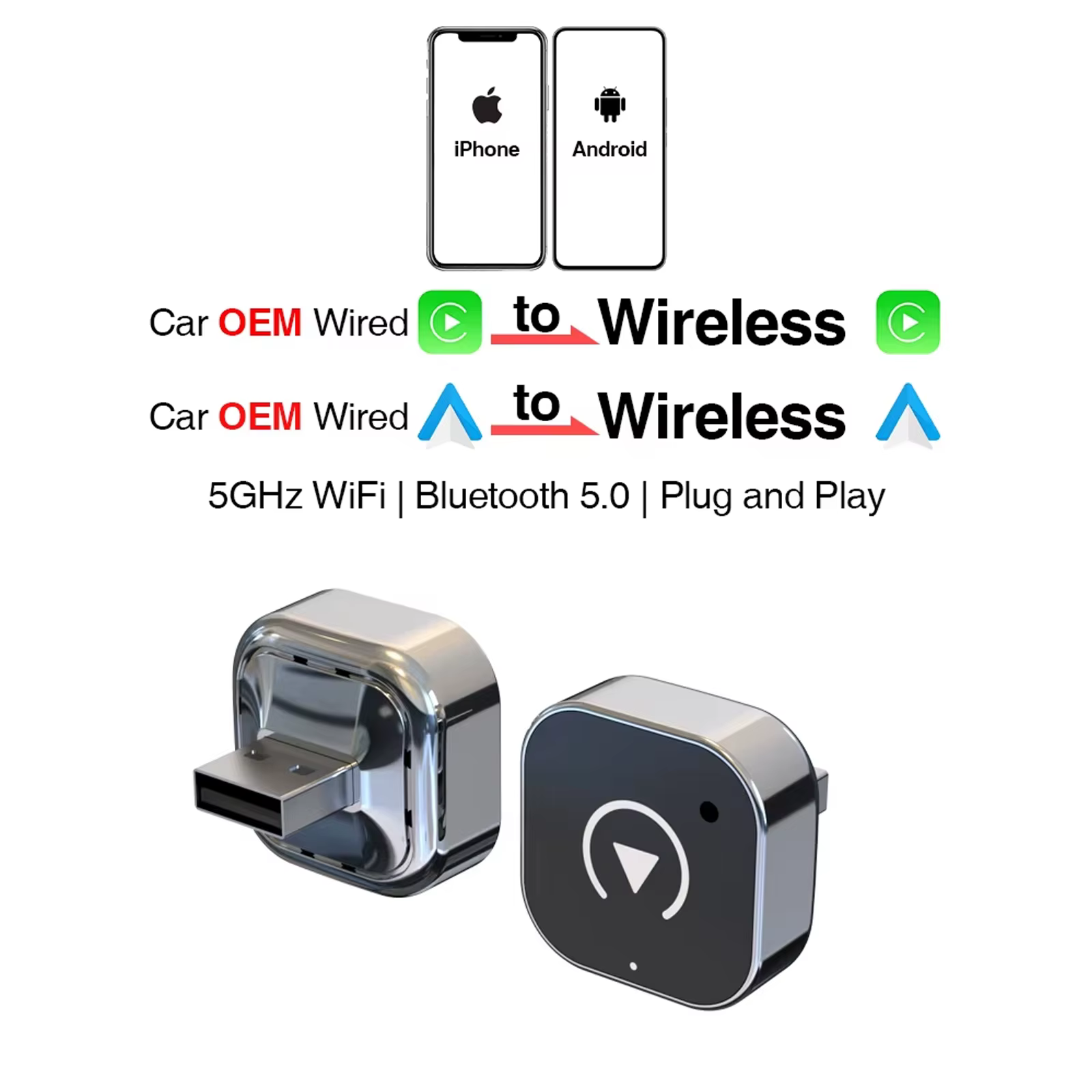 Adaptateur CarPlay sans fil pour iPhone - Mini Plug & Play, connexion automatique, WiFi 5 GHz à faib