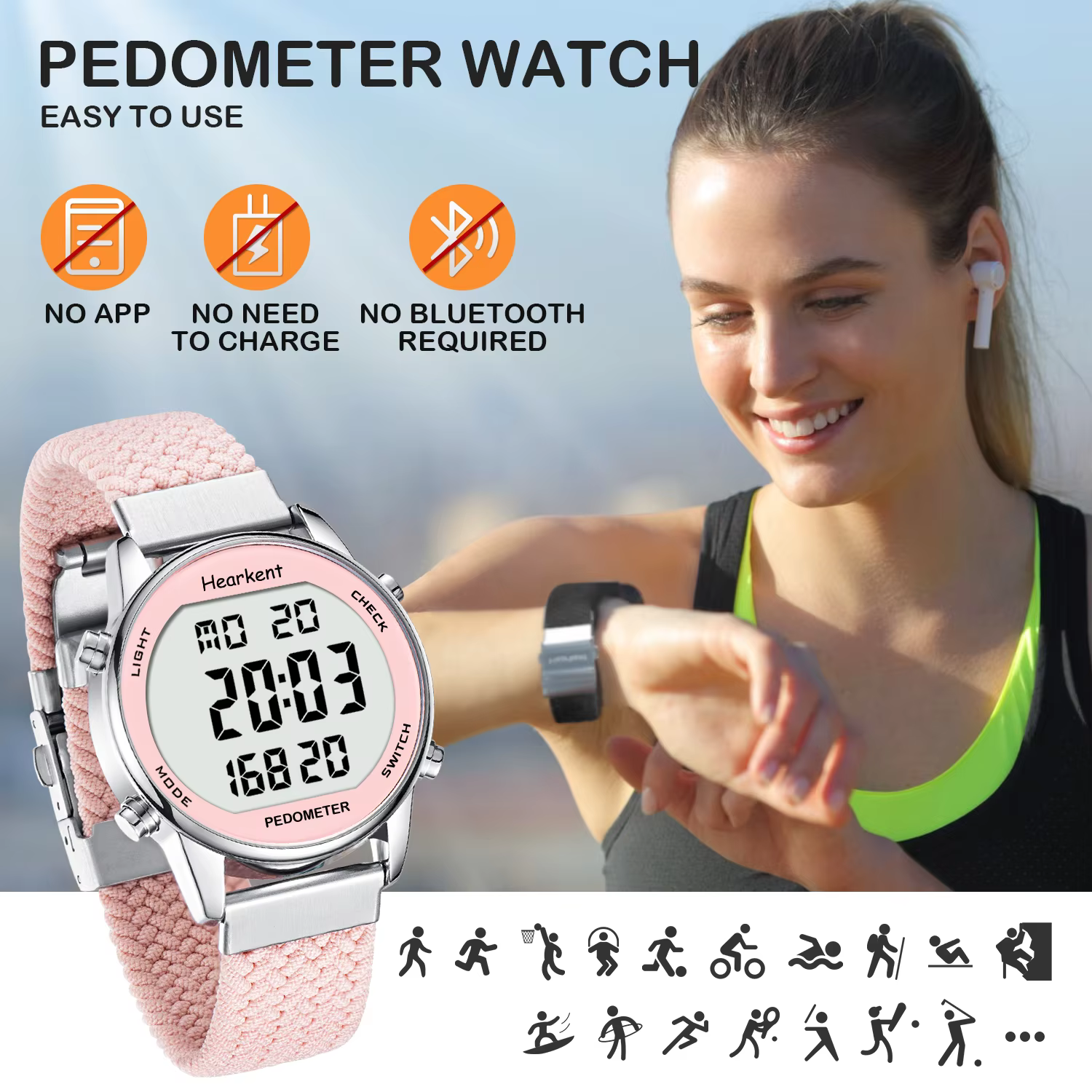 Hearkent-Montre de sport numérique pour femme, podomètre, compteur de pas, chronomètre, compte à reb