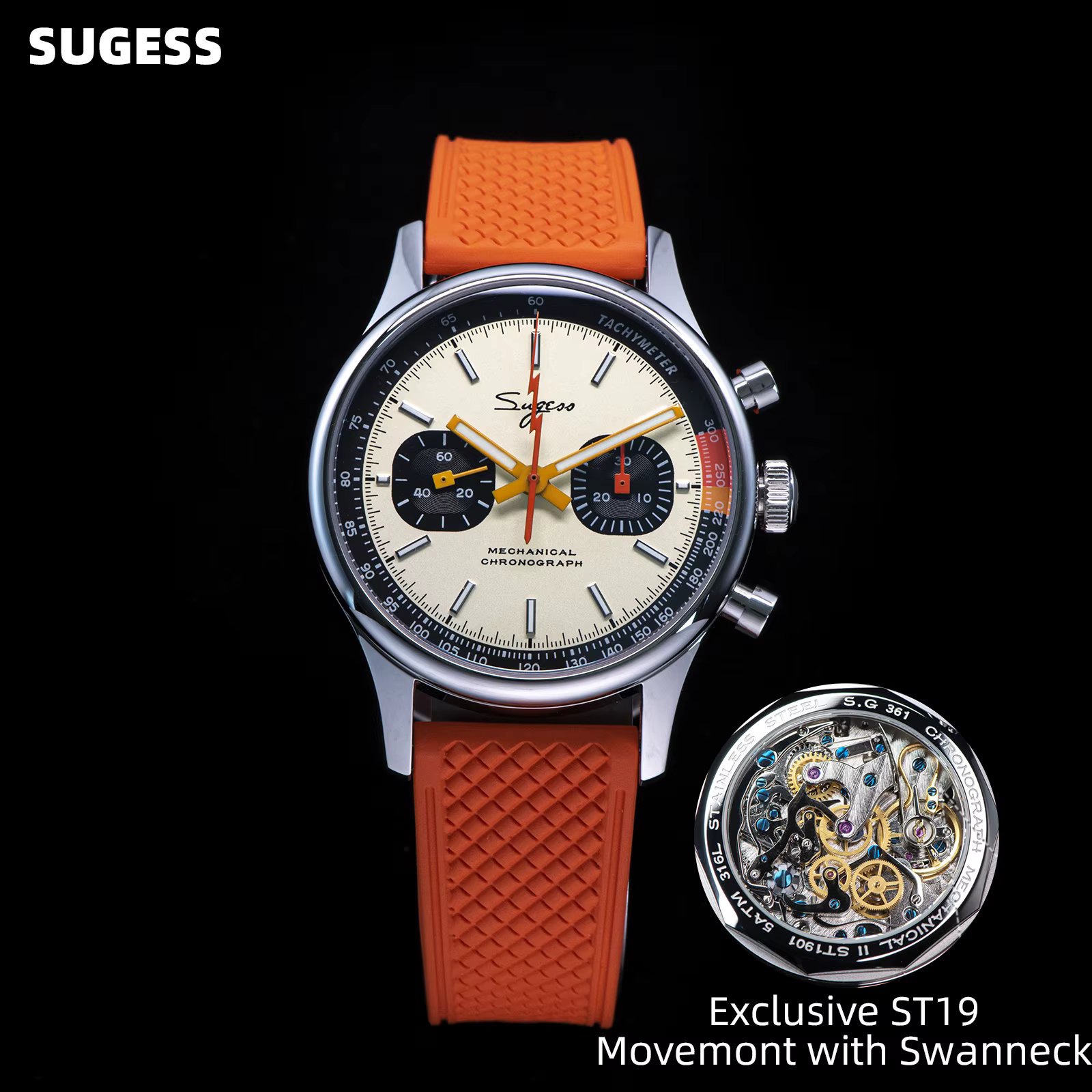 Sugess montre pilote ST19 mouvement d'origine montre-bracelet à col de cygne chronographe mécanique
