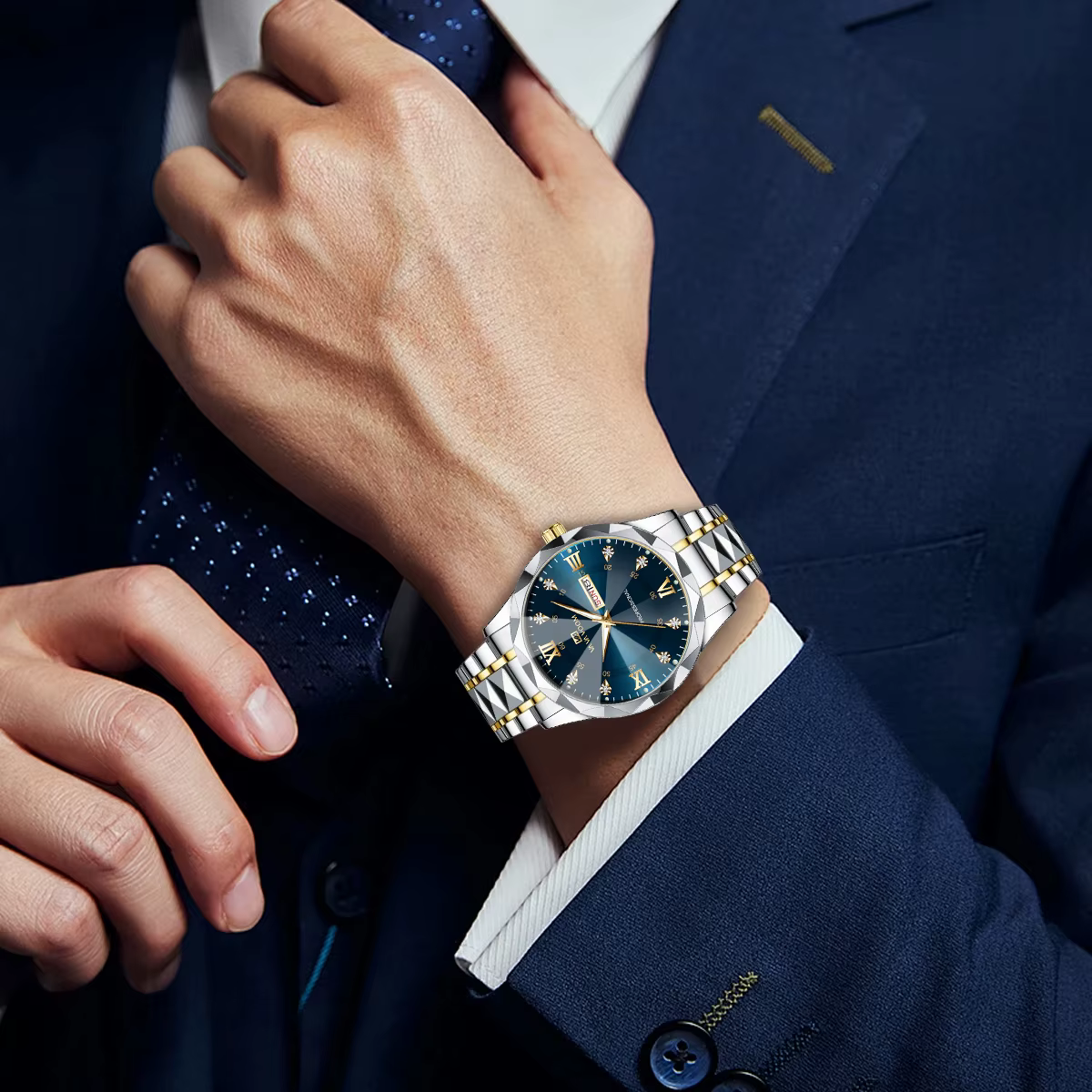 Montre de luxe en acier inoxydable pour homme, diamant, eau, lueur nocturne, double calendrier, mouv
