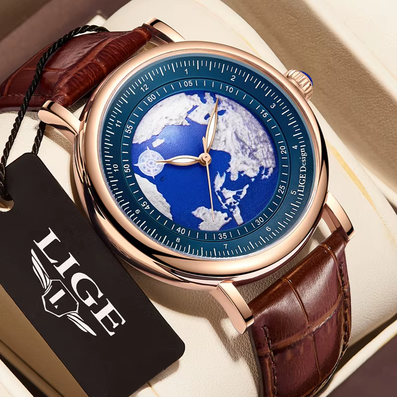 LIGE-Montre-bracelet en cuir Blue Planet pour homme, montre-bracelet à quartz créative Earth, montre