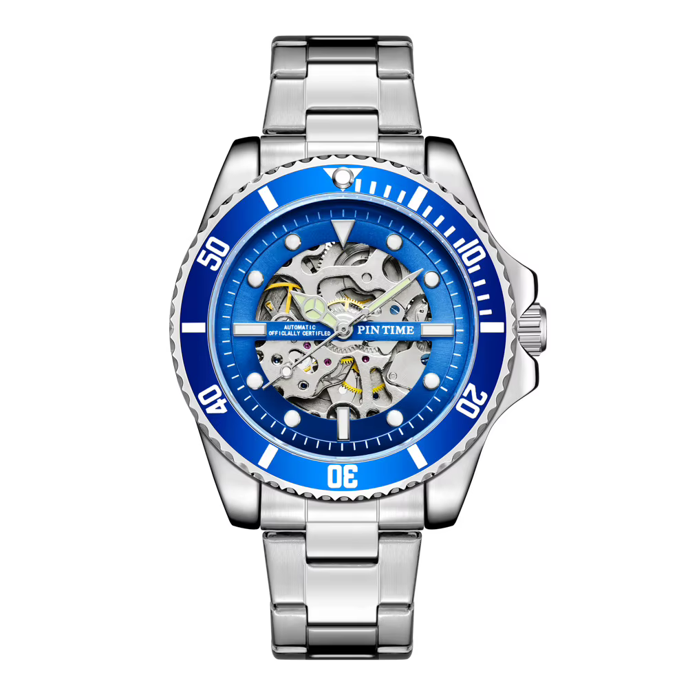 Montre mécanique squelette noire pour homme, style sport plongée, bracelet en acier inoxydable, mont
