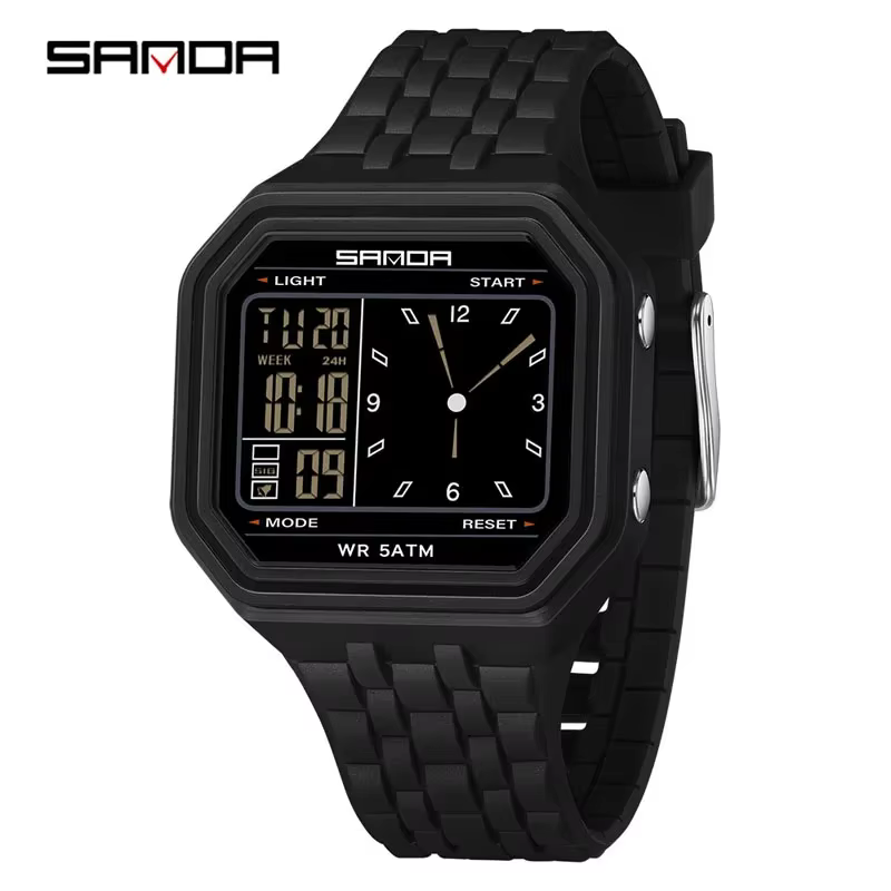 Montre sport SANDA pour homme, analogique et digitale, étanche 5 bars, LED lumineuse, multifonctionn