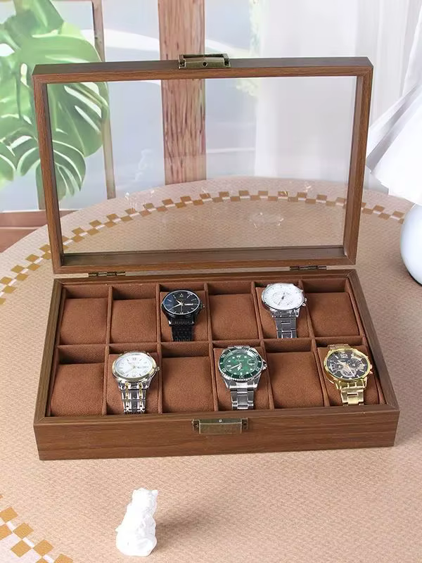 Boîte à montres en bois à 12 emplacements avec couvercle en verre, vitrine à montres en bois, boîte