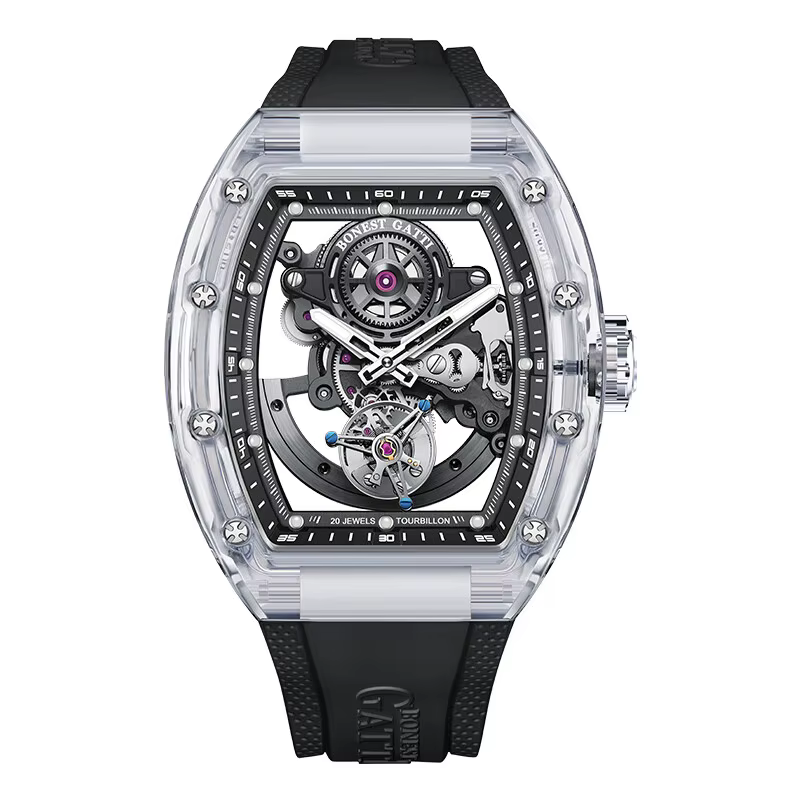 BONEST GATTI – montre Tourbillon pour hommes, 45mm, Tonneau, automatique, mécanique, boîtier en acry