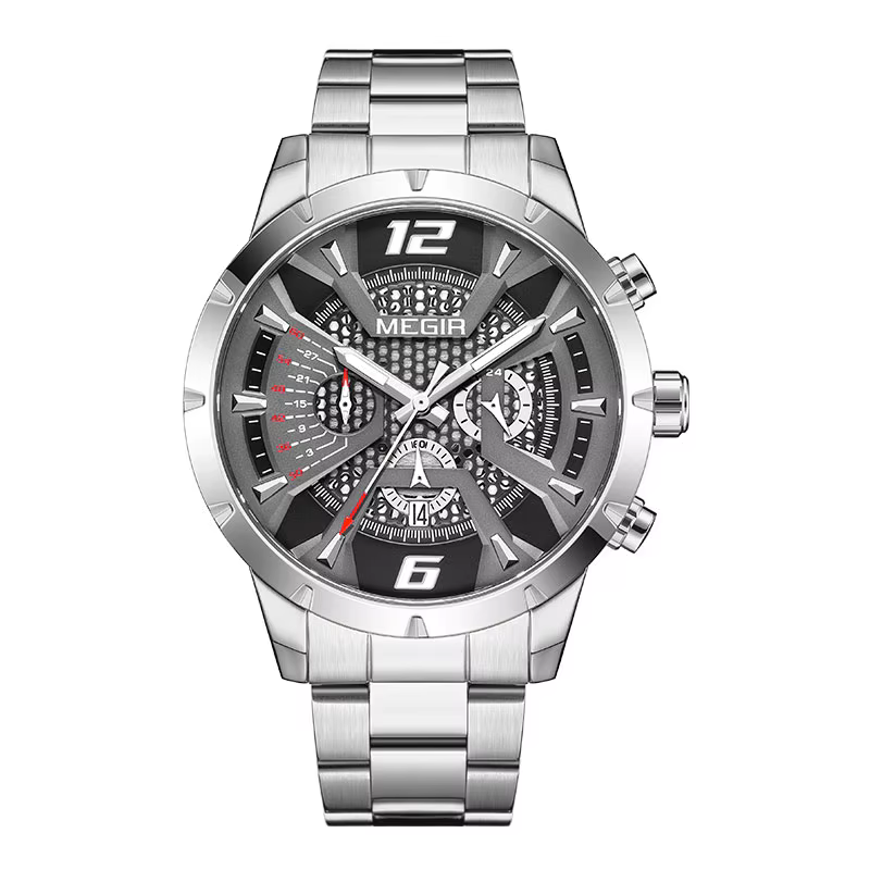 MEGIR-Montre à Quartz Dorée pour Homme, Bracelet en Acier Inoxydable, Chronographe Shoous avec Date 