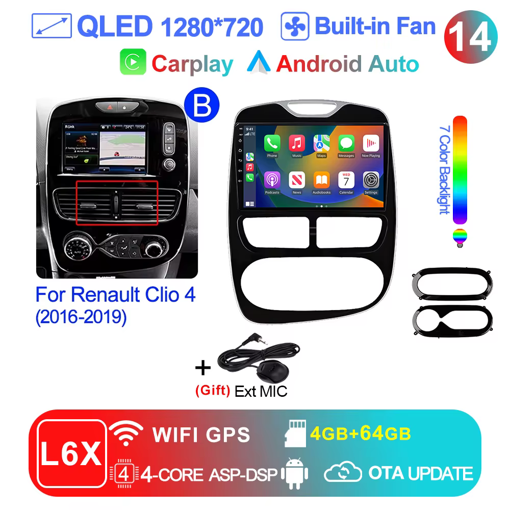 Pour Renault Clio 4 2012-2016 Autoradio multimédia Carplay Android 16 Auto WIFI GPS Navigation DSP S