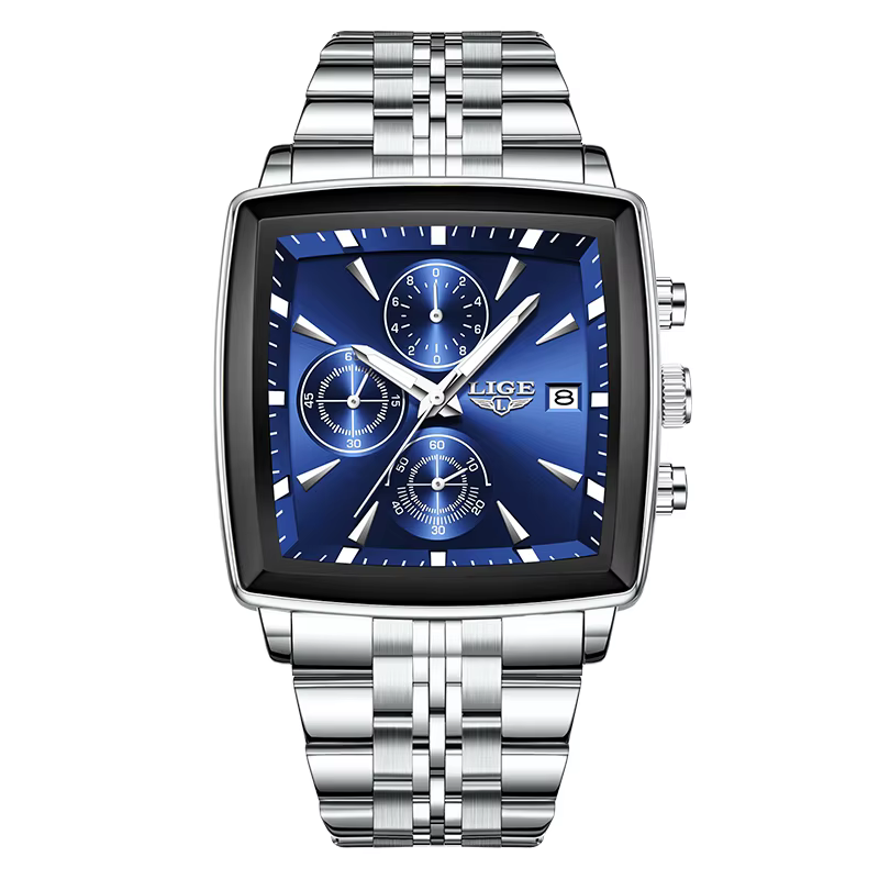 LIGE mode montres de luxe pour hommes cadran carré en acier inoxydable étanche lumineux Auto Date ch