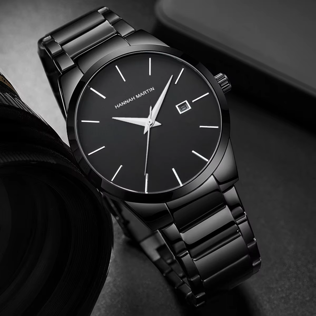 Hannah Martin montre en acier inoxydable pour hommes mode affaires Style noir Style minimaliste 3Bar