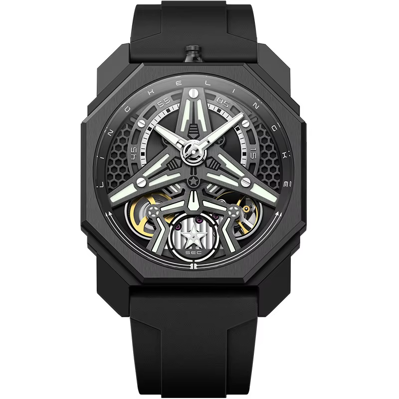 Montre automatique de conception de chasse pour hommes, marque de luxe, squelette mécanique, pentagr