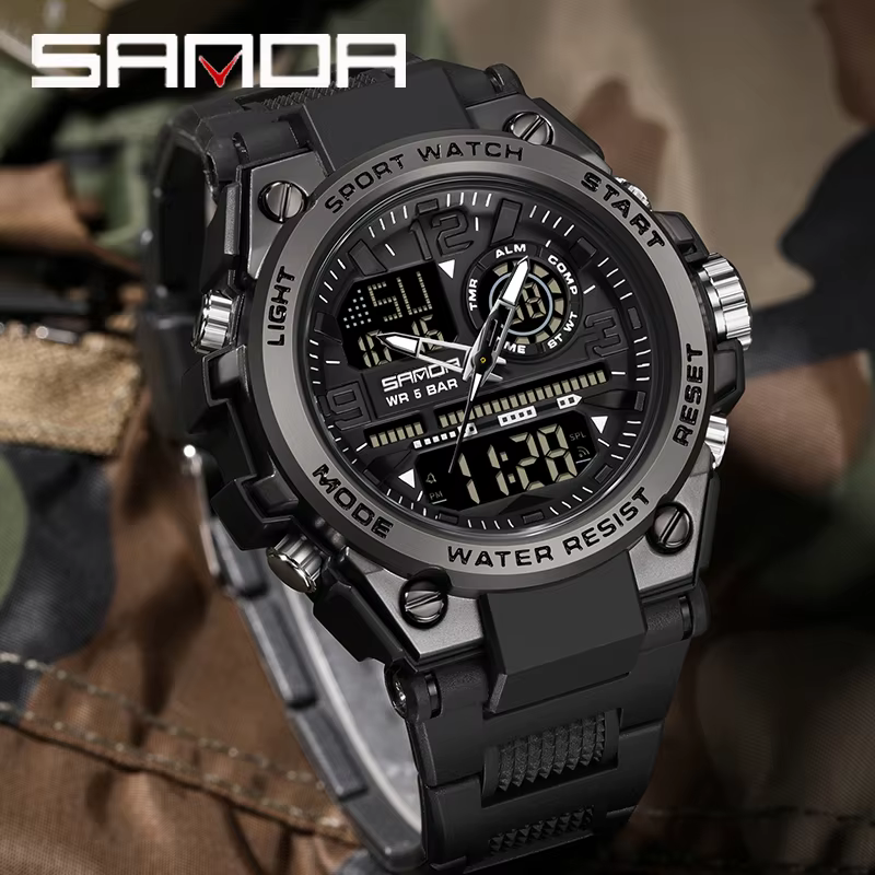 SANDA hommes sport montres à Quartz double affichage LED électronique numérique montres étanche mont